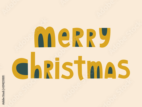 Fortuna gold Merry Christmas text in doodle style on Set Sail Champagne background. Trendy colors of 2021. Festive Christmas card.