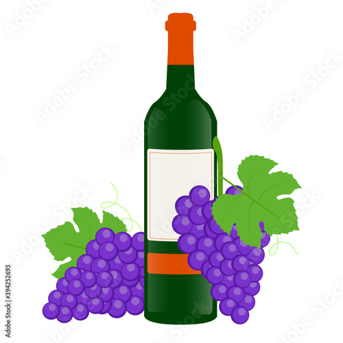 Bunches of sweet grapes with a bottle of wine on a white background
