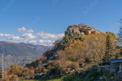 Mountain view of medieval Borgo Rocca di Mezzo in Abruzzo, Italy photo