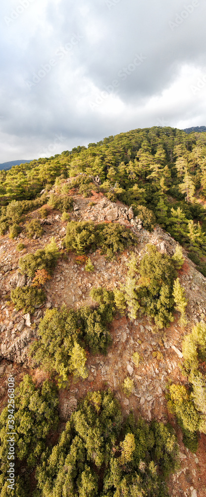 Vertical view of the mountain from near the city of Larnaca, Cyprus. Hills with coniferous trees. Taken from a drone.