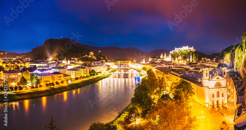 Salzburg city shining in the lights at night. Location place Salzburger Land, Austria, Europe.