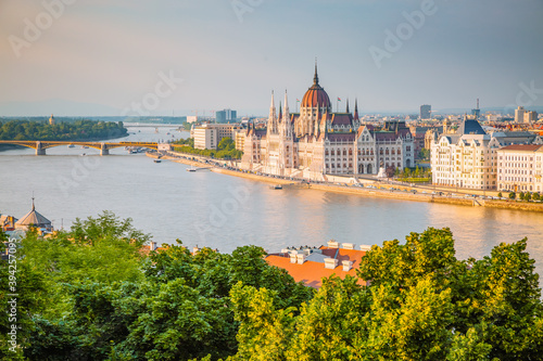 Picturesque top view of the Hungarian Parliament on the Danube river at sunny day. Location place of Budapest, Hungary.