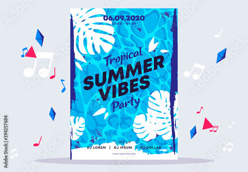 Vector illustration poster template for disco tropical summer vibes party, pool on background with silhouettes of tropical leaves