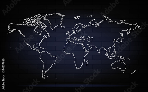 White world map outlines isolated on black background, abstract art illustration