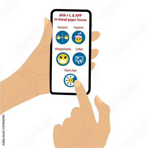 Hand hält Handy mit Aha + L & App. Symbole mit Emoticons.