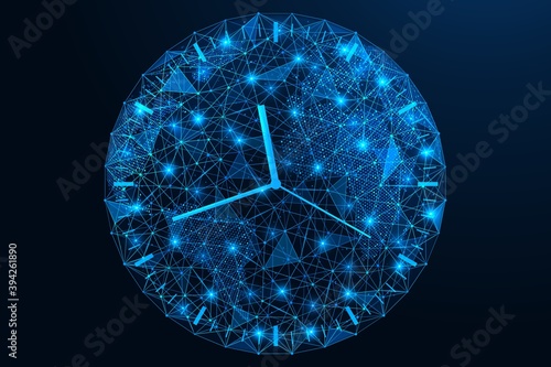 Clock face on the planet earth. Global time. Low-poly construction of the globe from concatenated lines and points. Blue background.