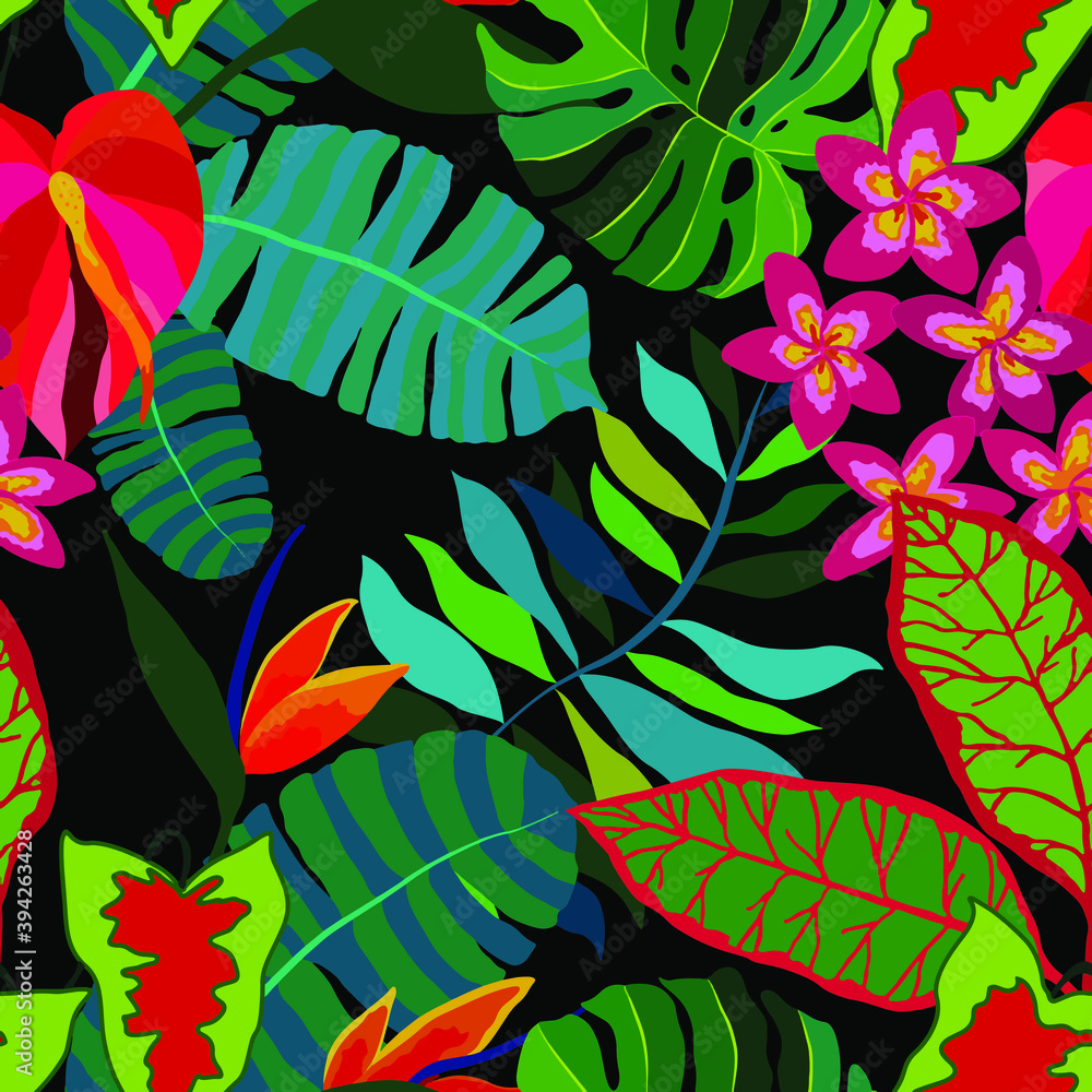 Plakat Creative seamless pattern with tropical leaves. Trendy pattern with hand drawn exotic plants. Swimwear botanical design. Jungle exotic summer print.