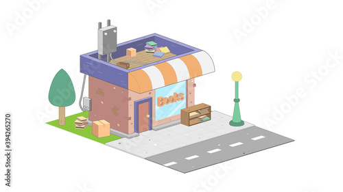 Isometric bookstore on white background. Modern bookstore in isometric projection.