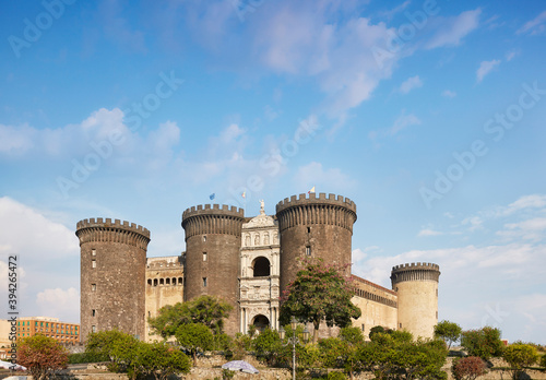 Italy, Naples, the famous and monumental Maschio Angioino. Panoramic view from the main entrance side.