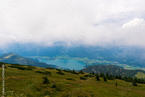 Alps ridges and Wolfgangsee lake from Schaffberg mountain, Salzkammergut, Austria.