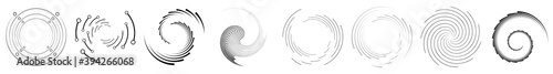 Set of spiral, volute, helix element. Radial, radiating curve lines curlicue swirl, twirl