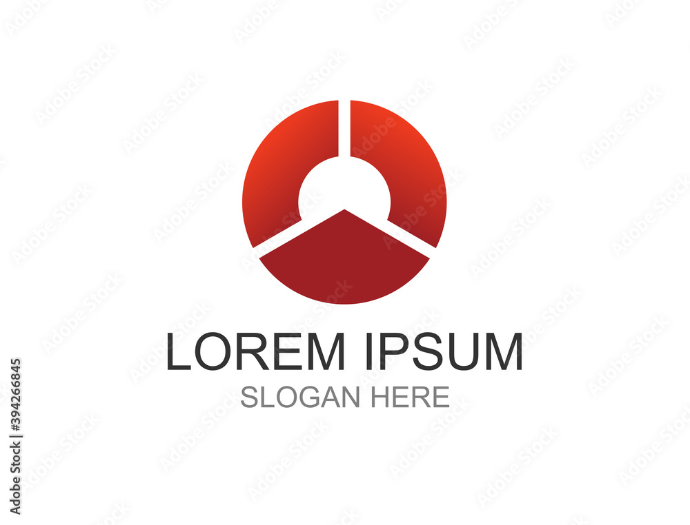 The logo is a circle with red gradations which is divided into three shapes The logo is a circle with red gradations which is divided into three shapes