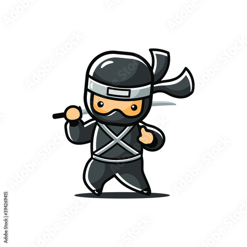 Stand little Cartoon ninja holding sword on back ready for fight