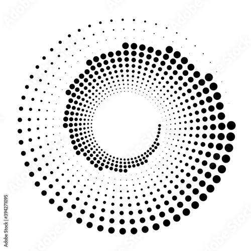 Dots, dotted circular spiral. Swirl, twirl of circles. Stippling, pointillist design. Speckles, flecks vector illustration
