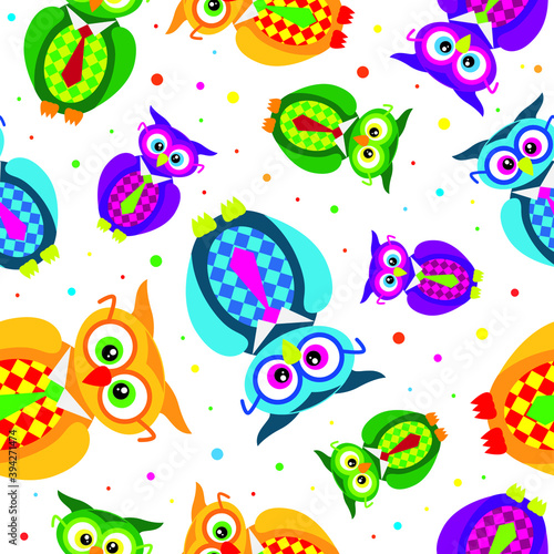 Funny cartoon owls set seamless pattern. Vector illustration.