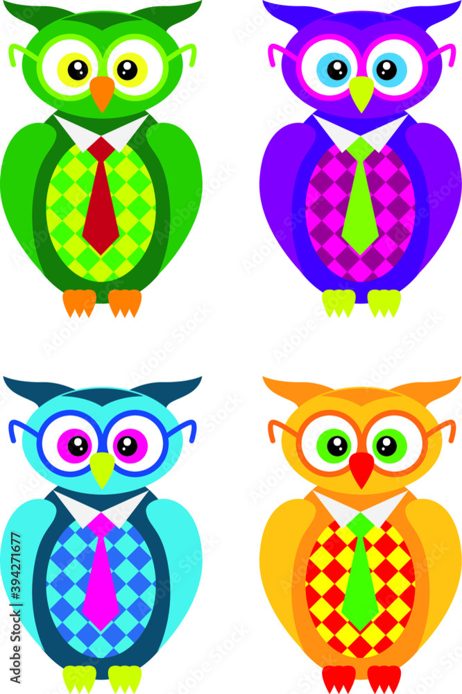 Funny cartoon owls set. Vector illustration.