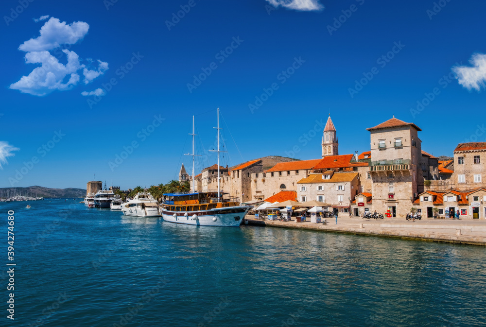 Trogir boats and waterfront view, UNESCO town in Croatia landmarks. September 2020