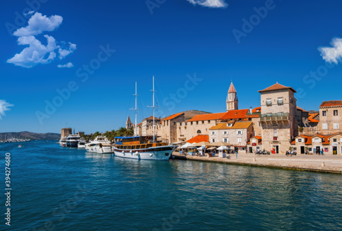 Trogir boats and waterfront view, UNESCO town in Croatia landmarks. September 2020