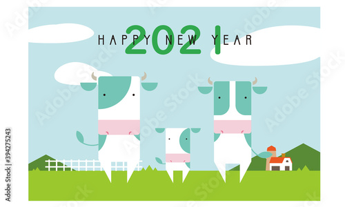 牛のイラスト（丑年、爽やかな年賀状）