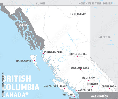 Map of British Columbia, Canada. Simple touristic BC travel map with destination cities, highways, lakes, surrounding Canadian provinces and American states. Modern blue white and grey colors.