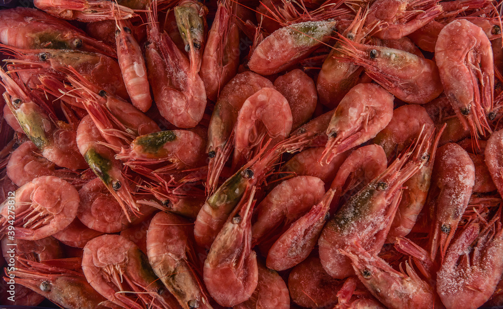 shrimps on a gray stone table with lemons, salt and herbs and ice cubes shrimps on a gray stone table with lemons, salt and herbs and ice cubes