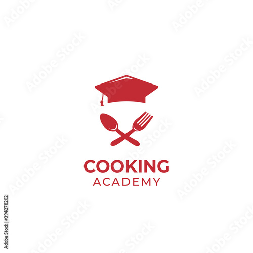 Cooking and food nutrition school academy logo icon symbol with spoon fork and graduation crown hat