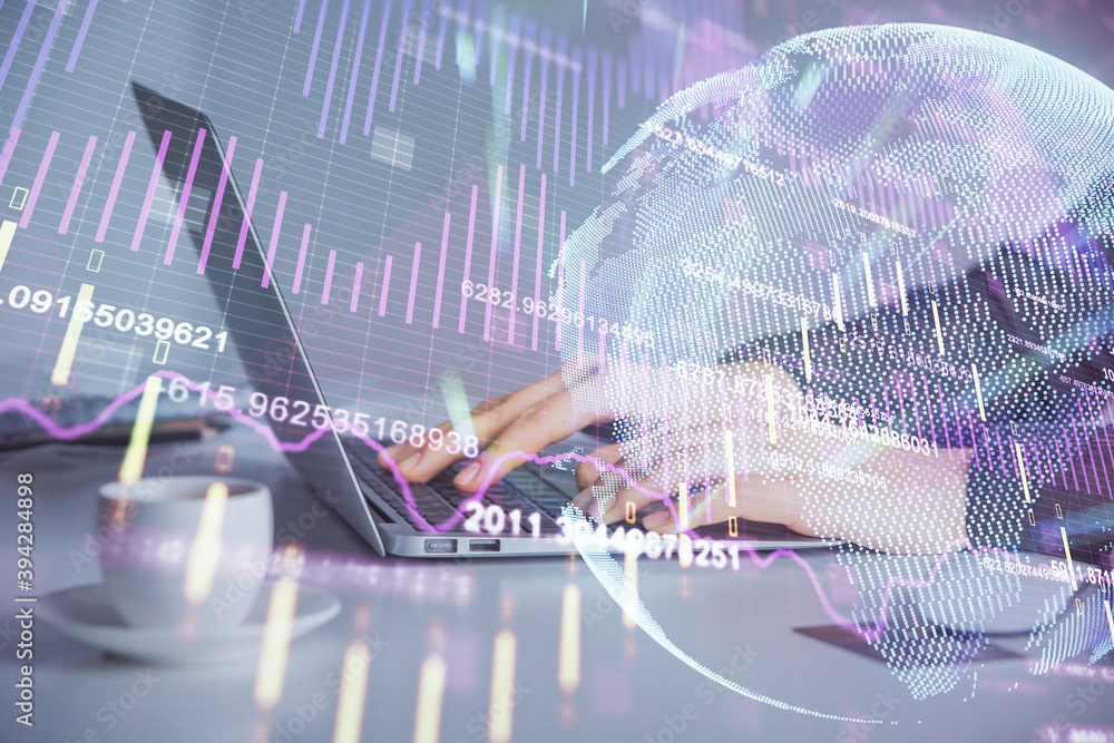 Double exposure of businesswoman hands typing on computer and forex graph hologram drawing. Financial analysis concept. Double exposure of businesswoman hands typing on computer and forex graph hologram drawing. Financial analysis concept.