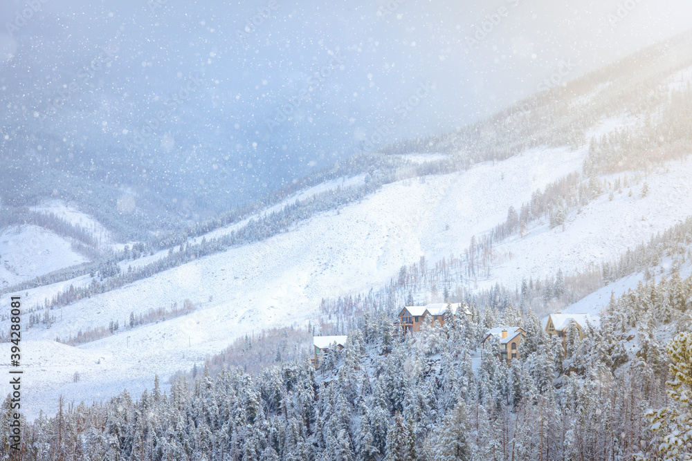 Houses surrounded by trees covered in snow on the edge of the slope of a mountain during winter while it is snowing 