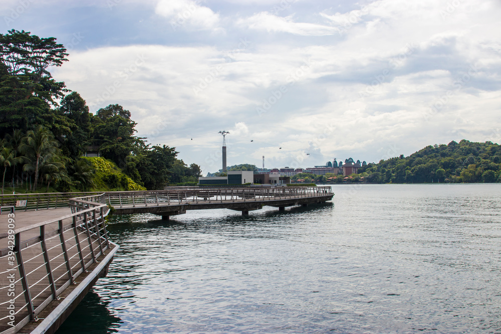 Singapore Nov 17th 2020: the view of Bukit Chermin Boardwalk in Labrador nature reserve. 
The background is Sentosa cable car and island. 