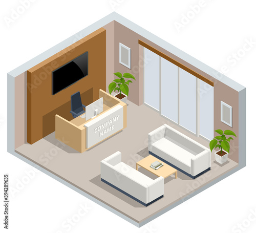 Isometric interior of the modern office. Hall with reception desk and sofa for customers.