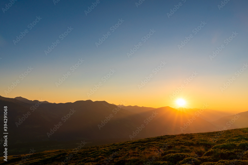 Fototapeta premium Colorful summer sunrise of the Plattenkogen on Zillertal alps . zillertal alps ,Tyrol. Location austria Europe.