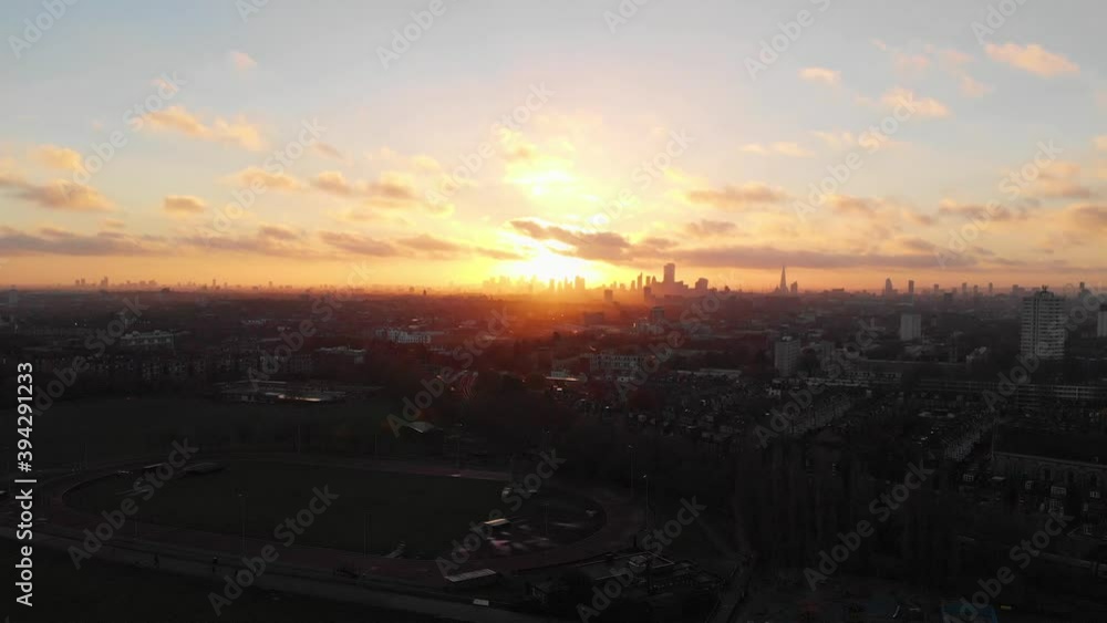 Drone slider shot of sunrise over London skyline Drone slider shot of sunrise over London skyline