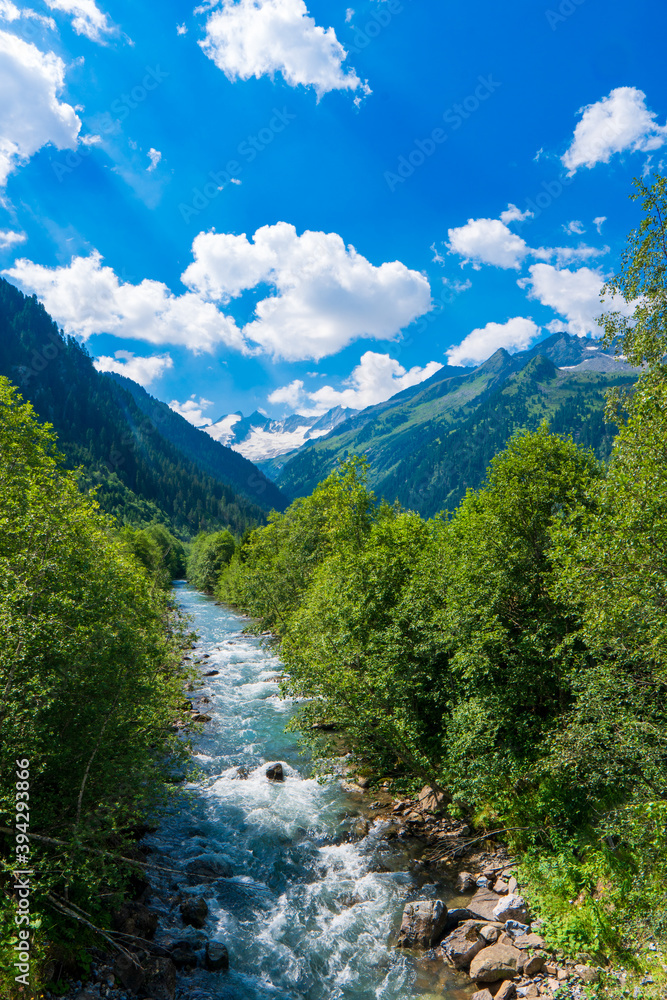 landscape with mountains, forest and a river in front. beautiful scenery in alps europe, austria Zillertaler Alpen landscape with mountains, forest and a river in front. beautiful scenery in alps europe, austria Zillertaler Alpen