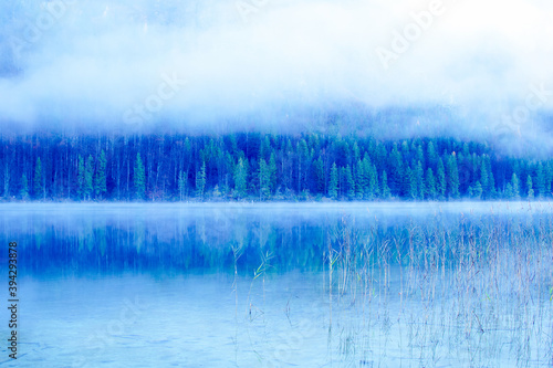fog on the lake, vorderer langbathsee in upper austria