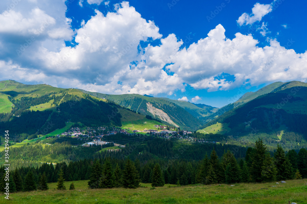 Fototapeta premium Mountain valley village landscape in Zillertal Alps . Mountain green valley village view austria near gerlos