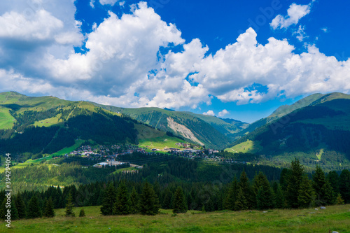 Mountain valley village landscape in Zillertal Alps . Mountain green valley village view austria near gerlos