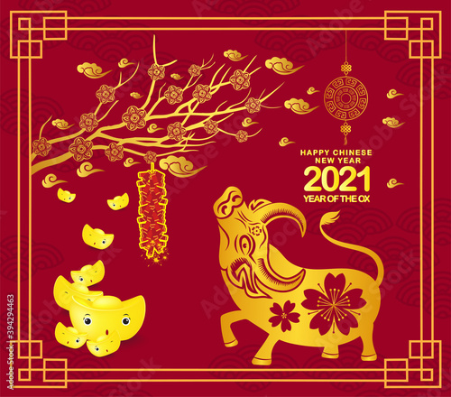 Happy chinese new year 2021 Ox Zodiac sign  with gold ingots cut art and craft style on color background for greeting card  flyers  poster
