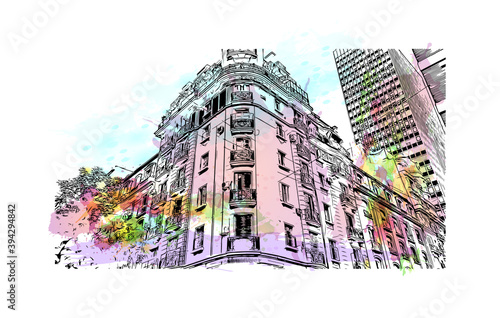 Building view with landmark of Buenos Aires is the capital and largest city of Argentina. Watercolour splash with hand drawn sketch illustration in vector.