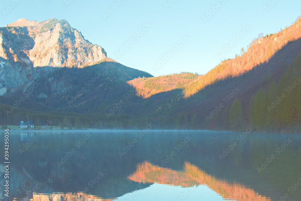 lake reflection, vorderer langbathsee in upper austria