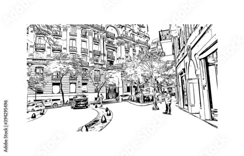 Building view with landmark of Buenos Aires is the capital and largest city of Argentina. Hand drawn sketch illustration in vector.