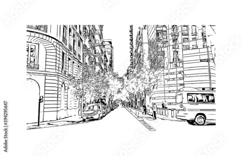 Building view with landmark of Buenos Aires is the capital and largest city of Argentina. Hand drawn sketch illustration in vector.