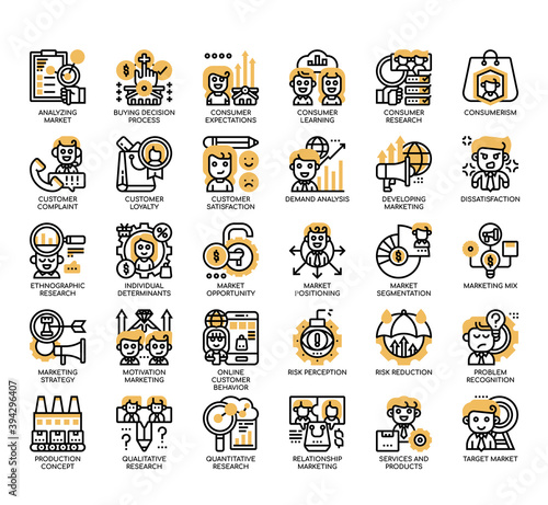Set of consumer behaviour thin line and pixel perfect icons for any web and app project.
