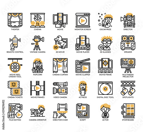 Set of Cinema thin line and pixel perfect icons for any web and app project.
