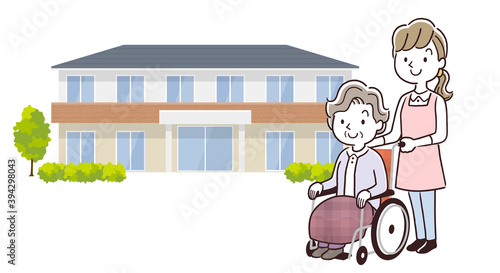 ベクターイラスト素材：老人ホームに入居するシニア女性とスタッフの女性
