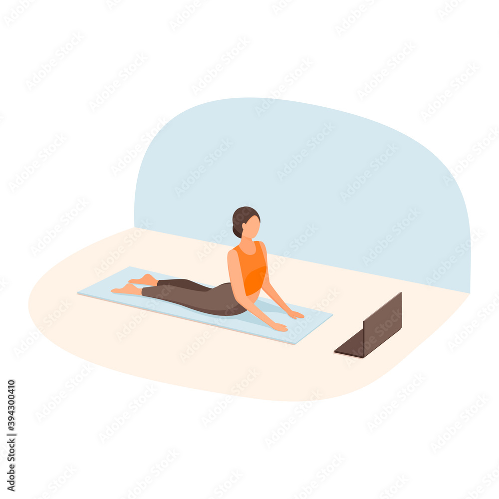 Yoga online with woman in asana doing physical exercises and watching online lesson on note, flat vector illustration. Online yoga with instructor at home. On white background