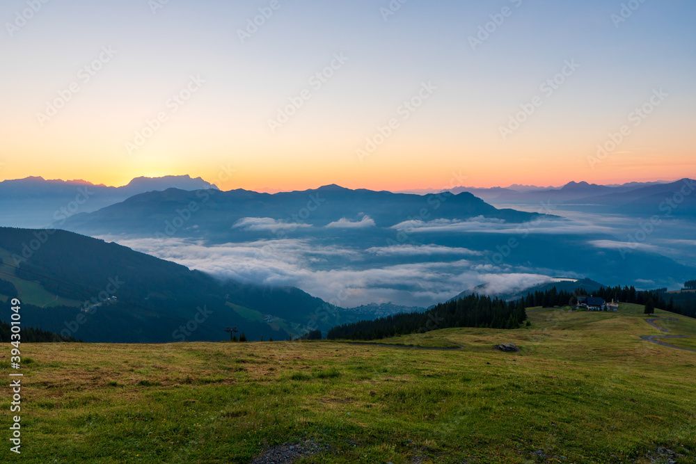 sinrise view from Schmitten mountain in Austria - near Zell am See - alps mountain in europe