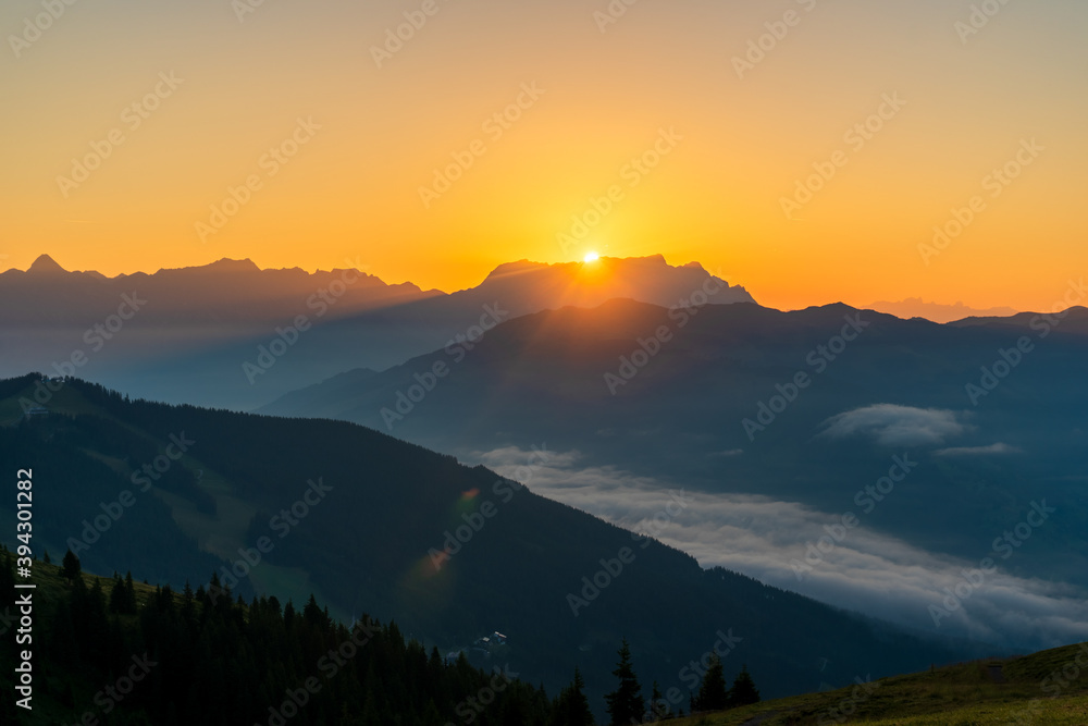 sinrise view from Schmitten mountain in Austria - near Zell am See - alps mountain in europe