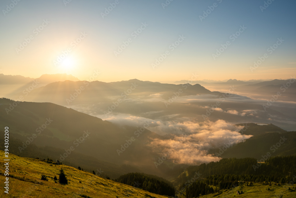 sinrise view from Schmitten mountain in Austria - near Zell am See - alps mountain in europe