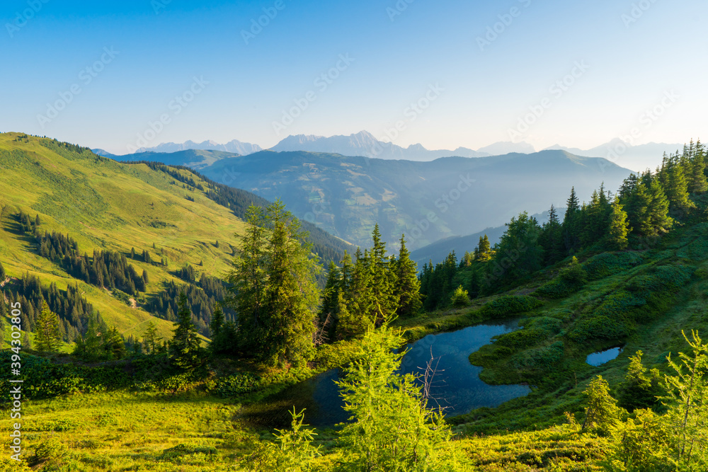 Obraz Idylliczny krajobraz z górskim szczytem nad zielonymi pastwiskami pod błękitnym niebem z białymi chmurami wysoko w Alpach Venediger w lecie. region salzburg, austria w europie