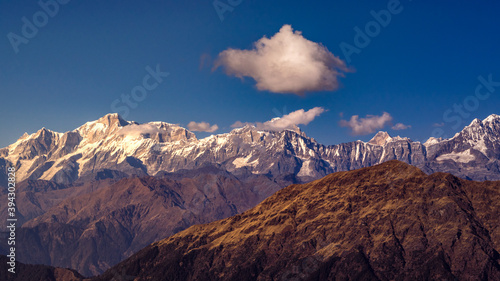 Panoramic view Himalayan mountains view from Chandrashila summit, Chopta. Chandrashila is a peak in the Himalayan ranges in Uttarakhand state of India. It lies at an altitude of 12,083 ft from the sea